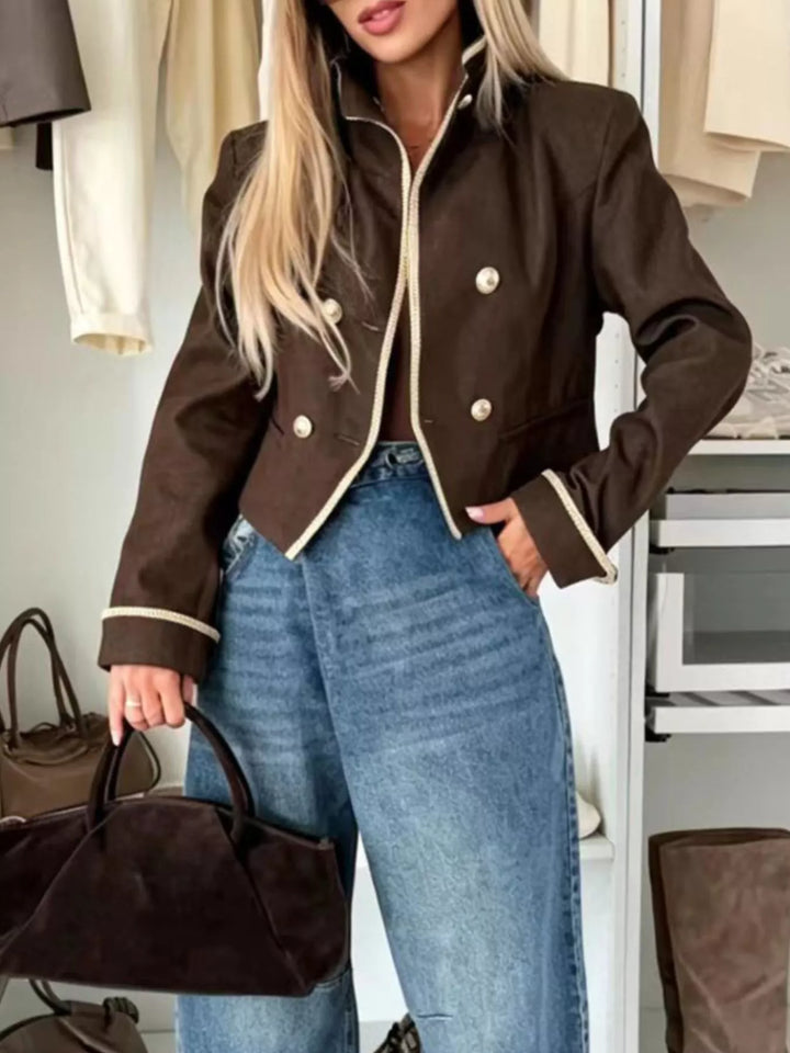 Double-breasted cropped jacket with contrast braid trim