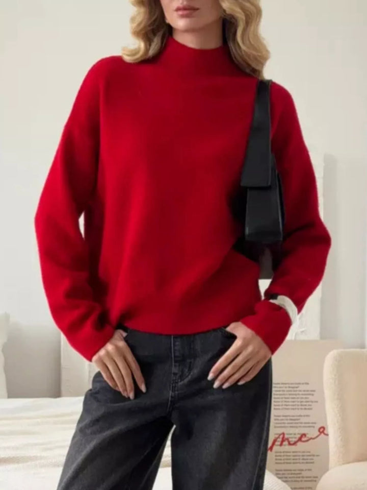 Ribbed mock neck dropped shoulder knit sweater