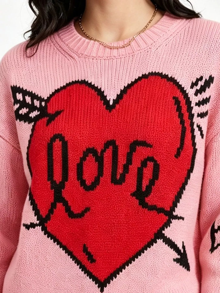 Heart and arrow graphic knit sweater with ribbed trim