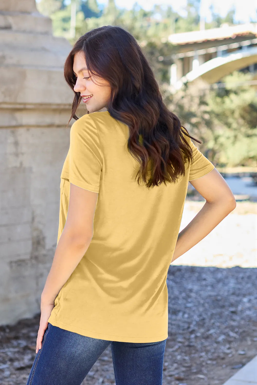 V-neck short sleeve bamboo tee with chest pocket