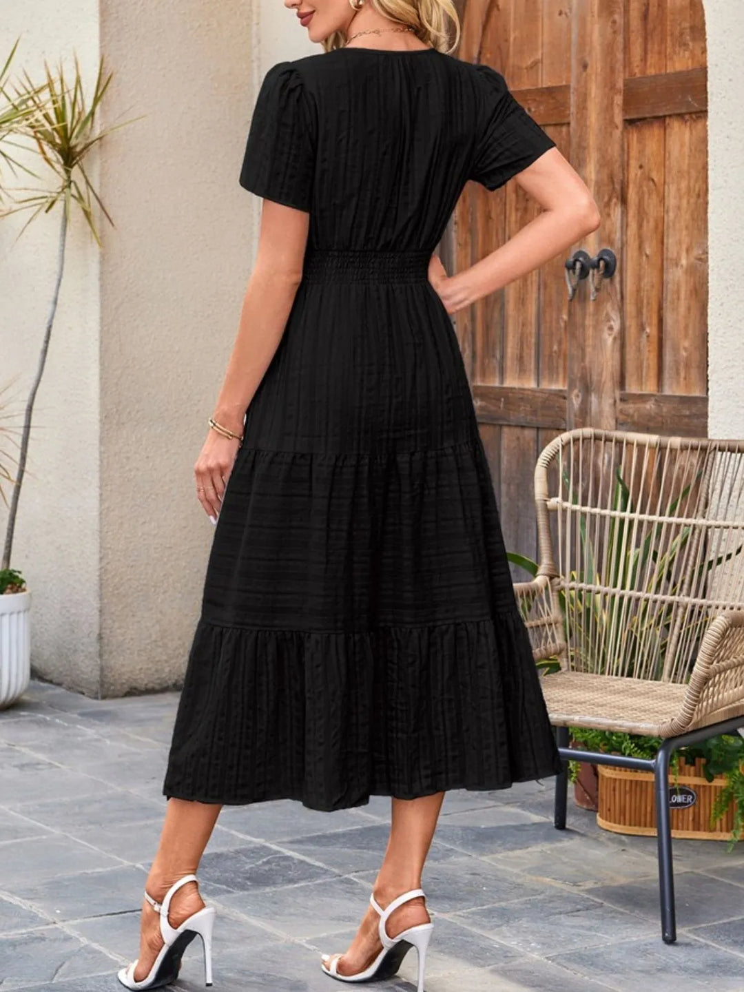 Tiered notched neck short sleeve midi dress with pockets