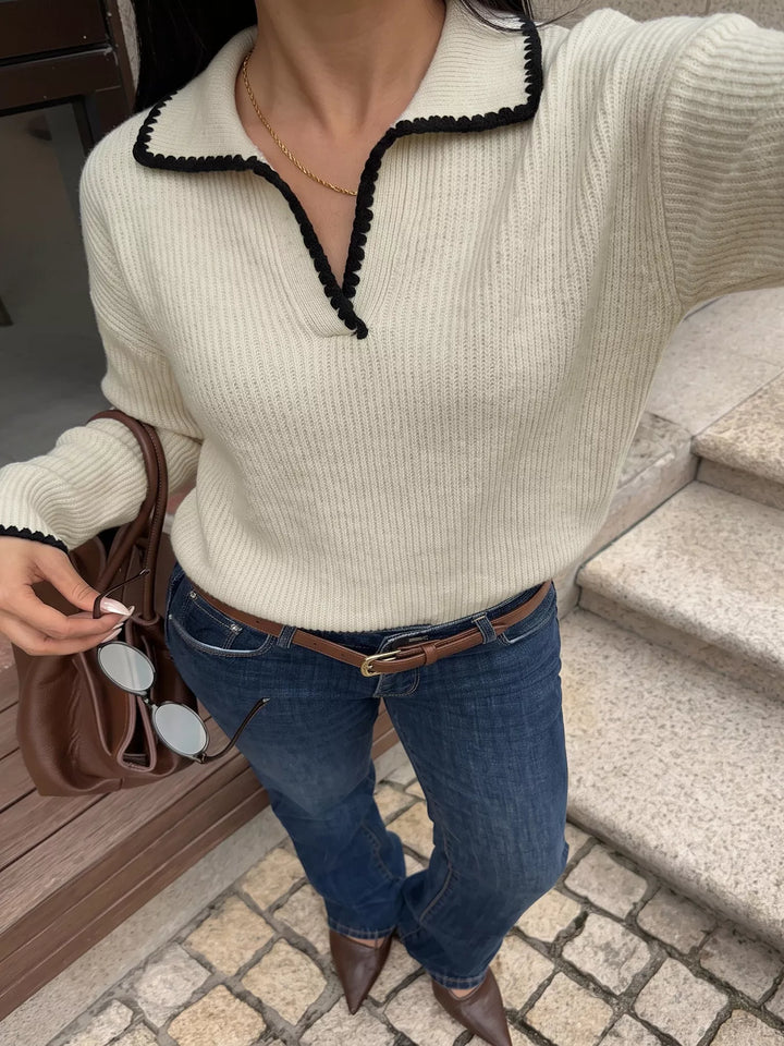 Contrast trim ribbed knit polo sweater with dropped shoulders