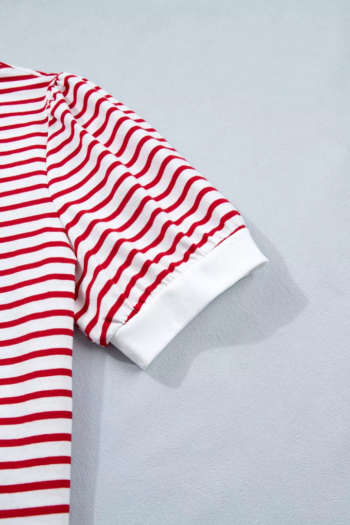 Striped contrast-trim crew neck puff sleeve tee