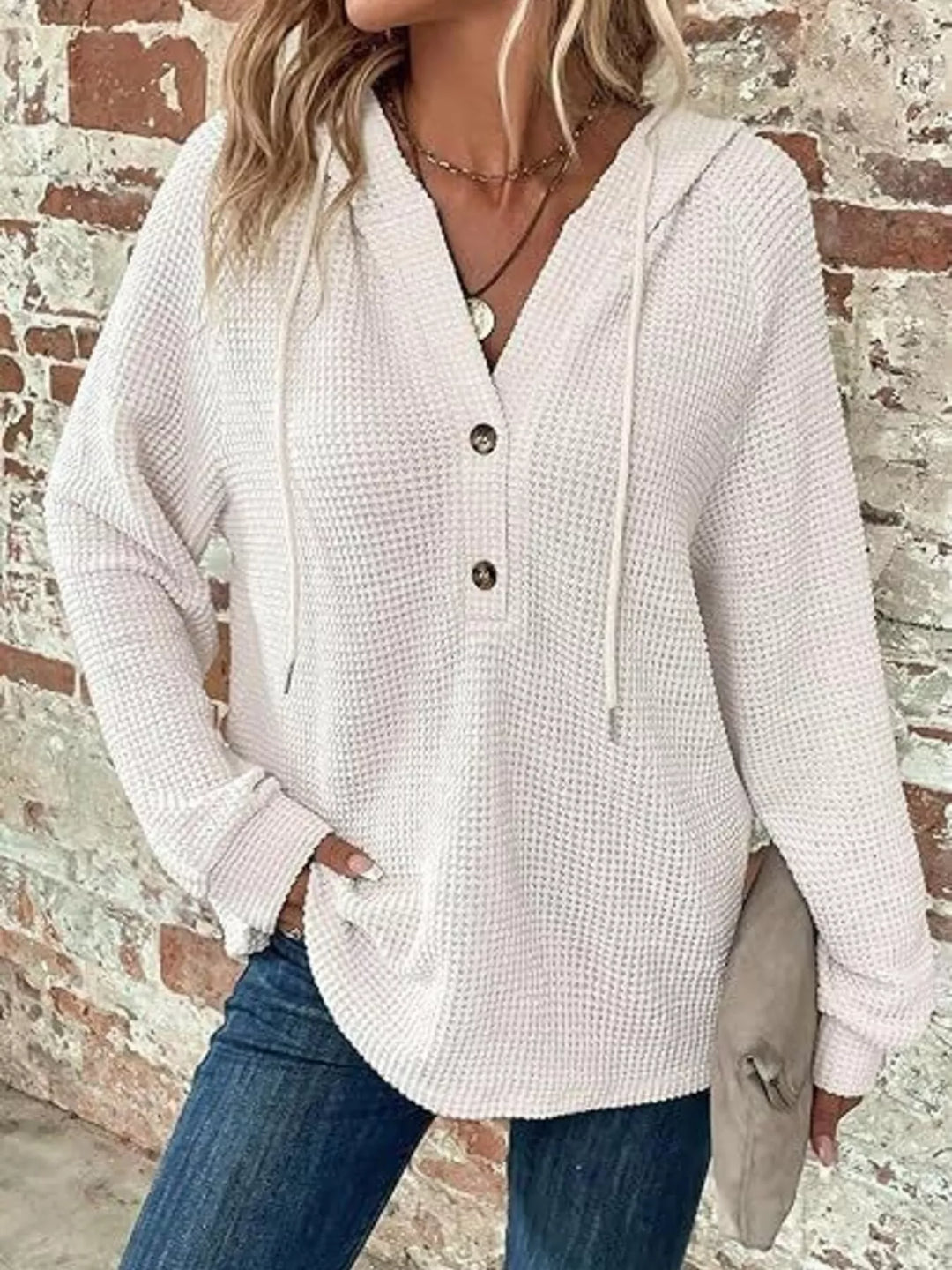 Button-detail waffle knit hoodie with drawstring hood