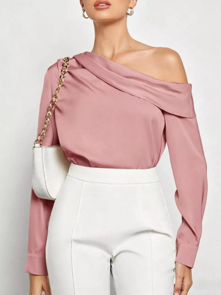 Draped one-shoulder satin blouse with long sleeves and button cuffs