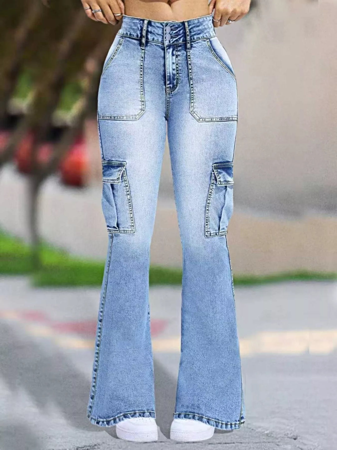 High-rise flare leg cargo jeans with patch pockets
