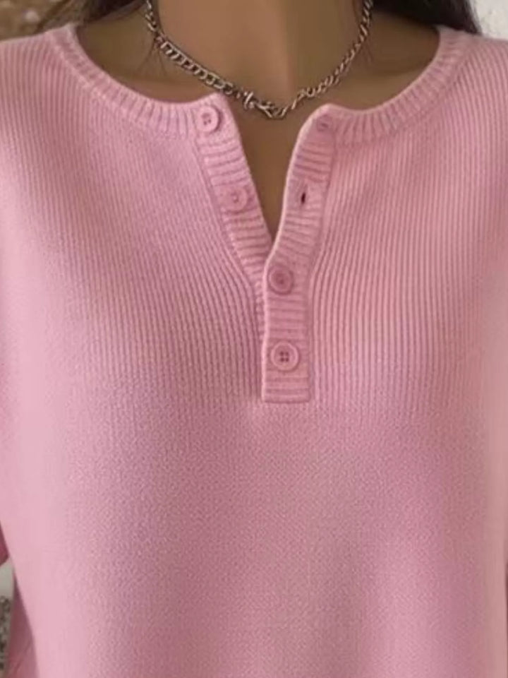 Henley button knit sweater with ribbed trim