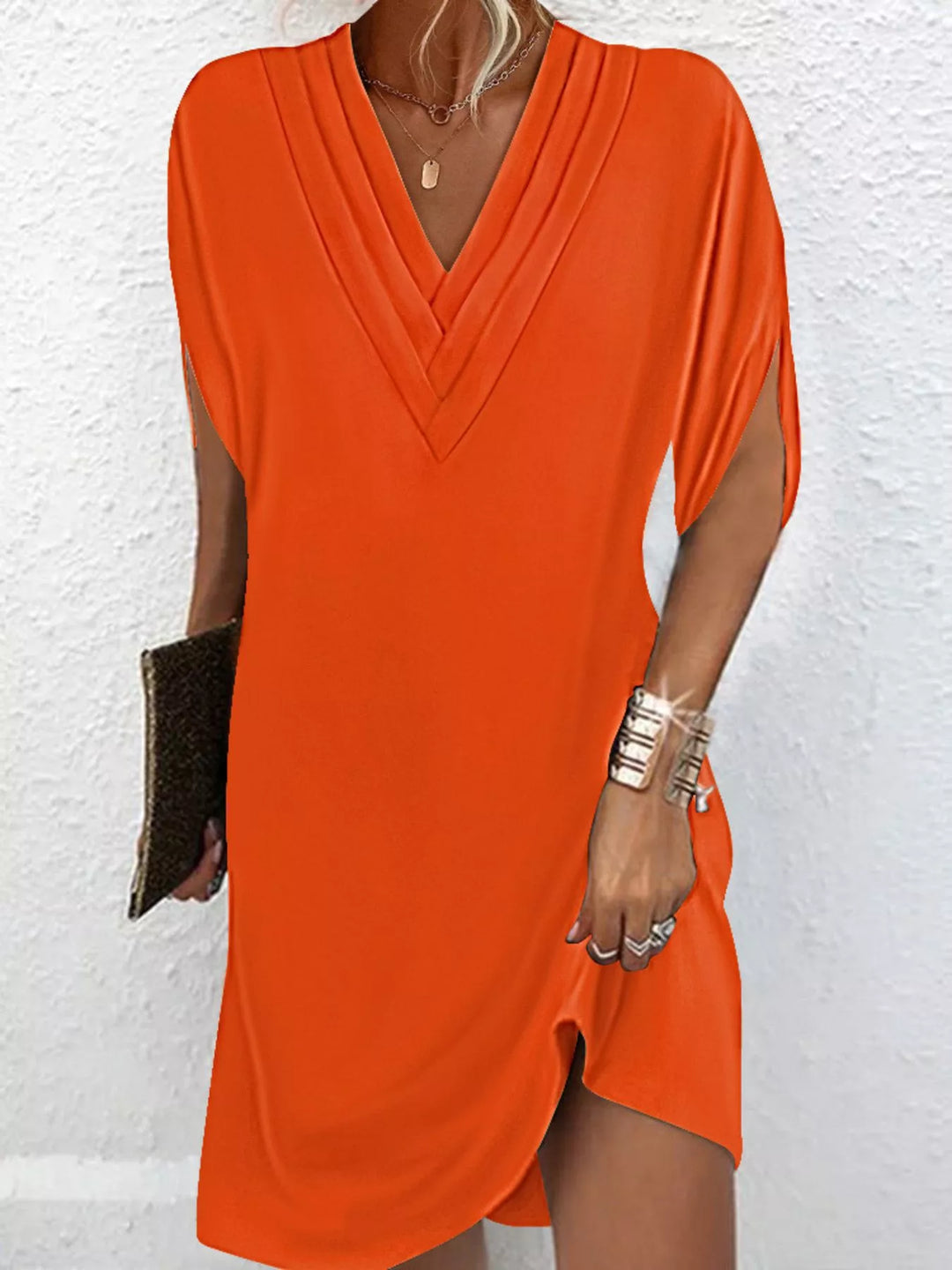 Orange Pleated V-neck split sleeve relaxed mini dress