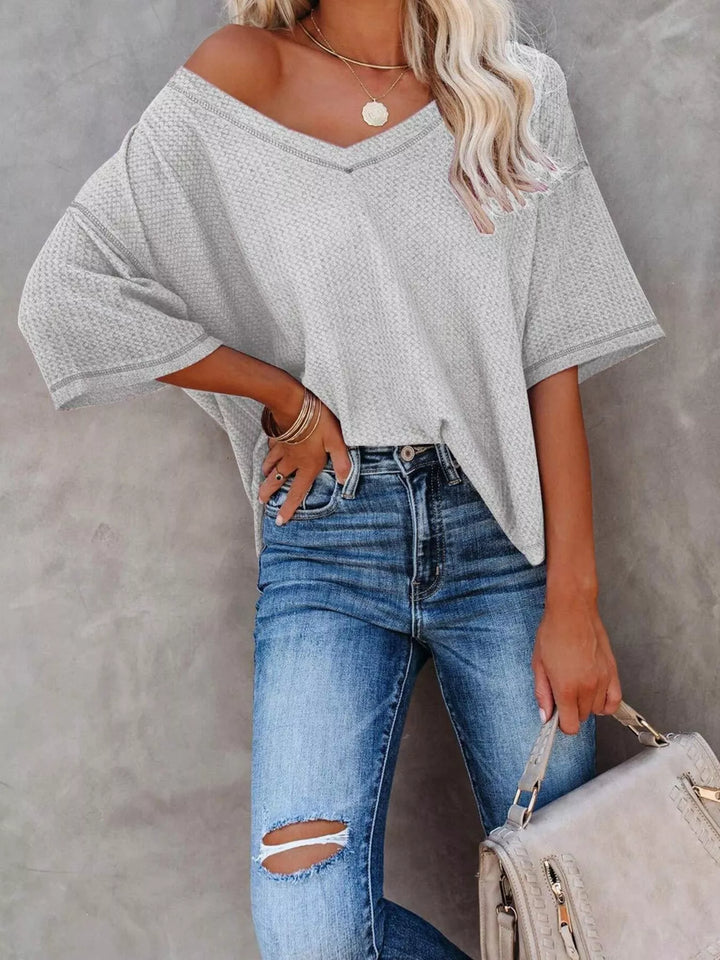 Waffle knit v-neck drop shoulder short sleeve tee