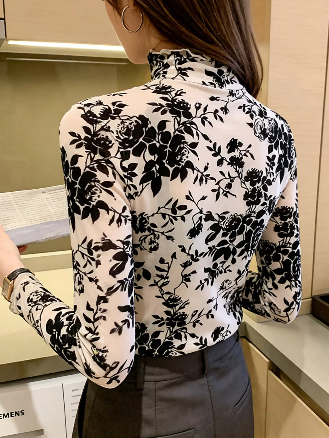 Sheer floral mesh mock neck long sleeve top