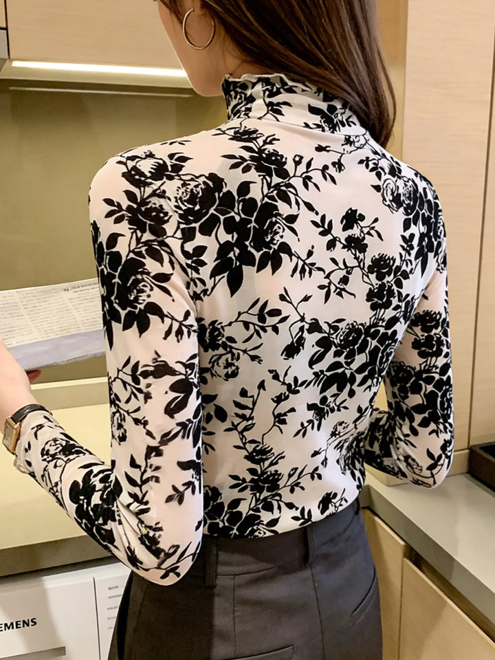 Sheer floral mesh mock neck long sleeve top