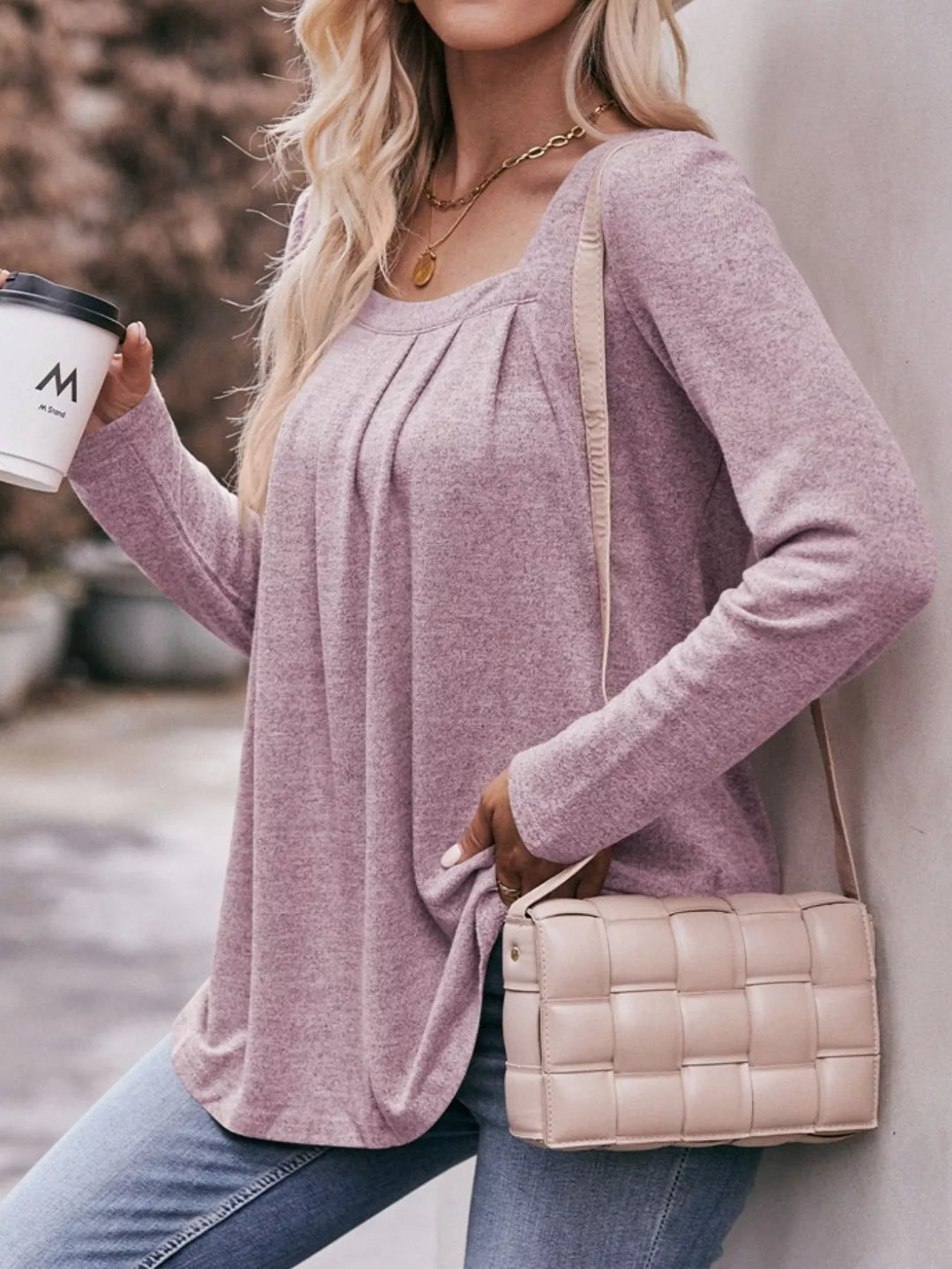 Pleated square neck long sleeve knit top
