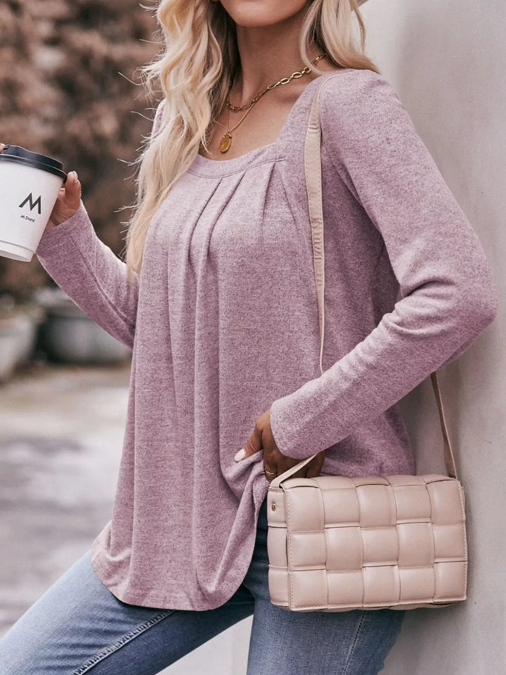Pleated square neck long sleeve knit top