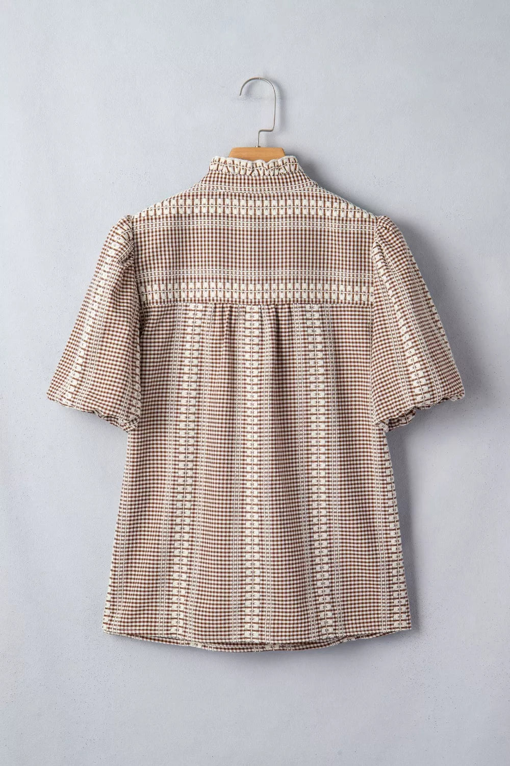 Embroidered horse yoke gingham puff sleeve blouse
