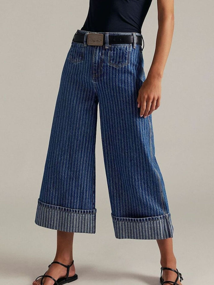 Wide-leg cropped jeans with deep cuffed hem and center seam