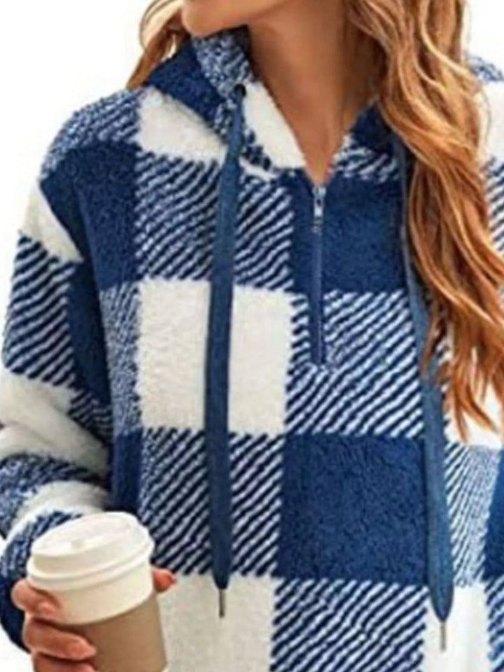 Plaid sherpa quarter-zip hoodie with front pocket