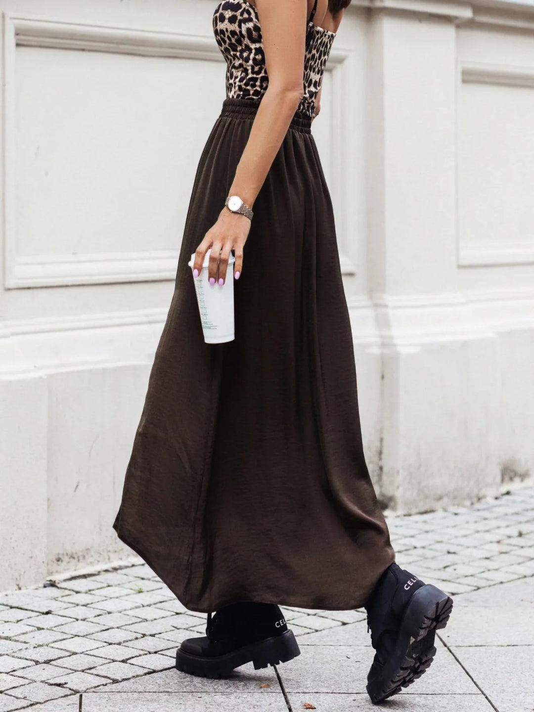 High-slit pull-on maxi skirt with elastic waist