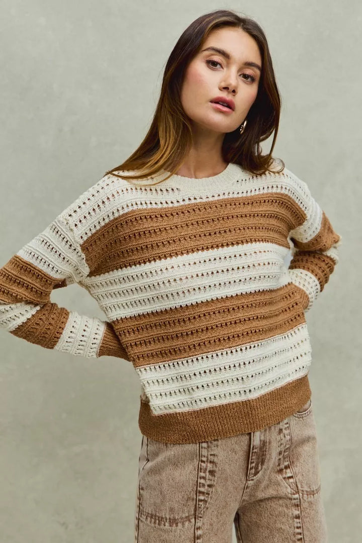 Openwork wide stripe textured knit crewneck sweater