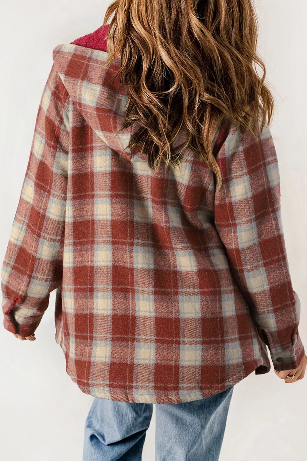 Sherpa-lined plaid hooded shacket with snap front
