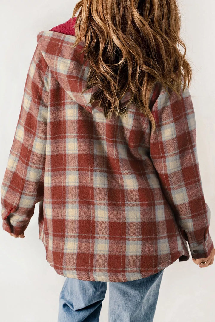 Sherpa-lined plaid hooded shacket with snap front