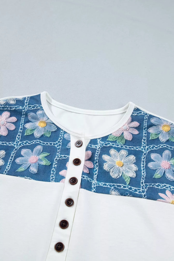 Embroidered floral denim yoke button henley top