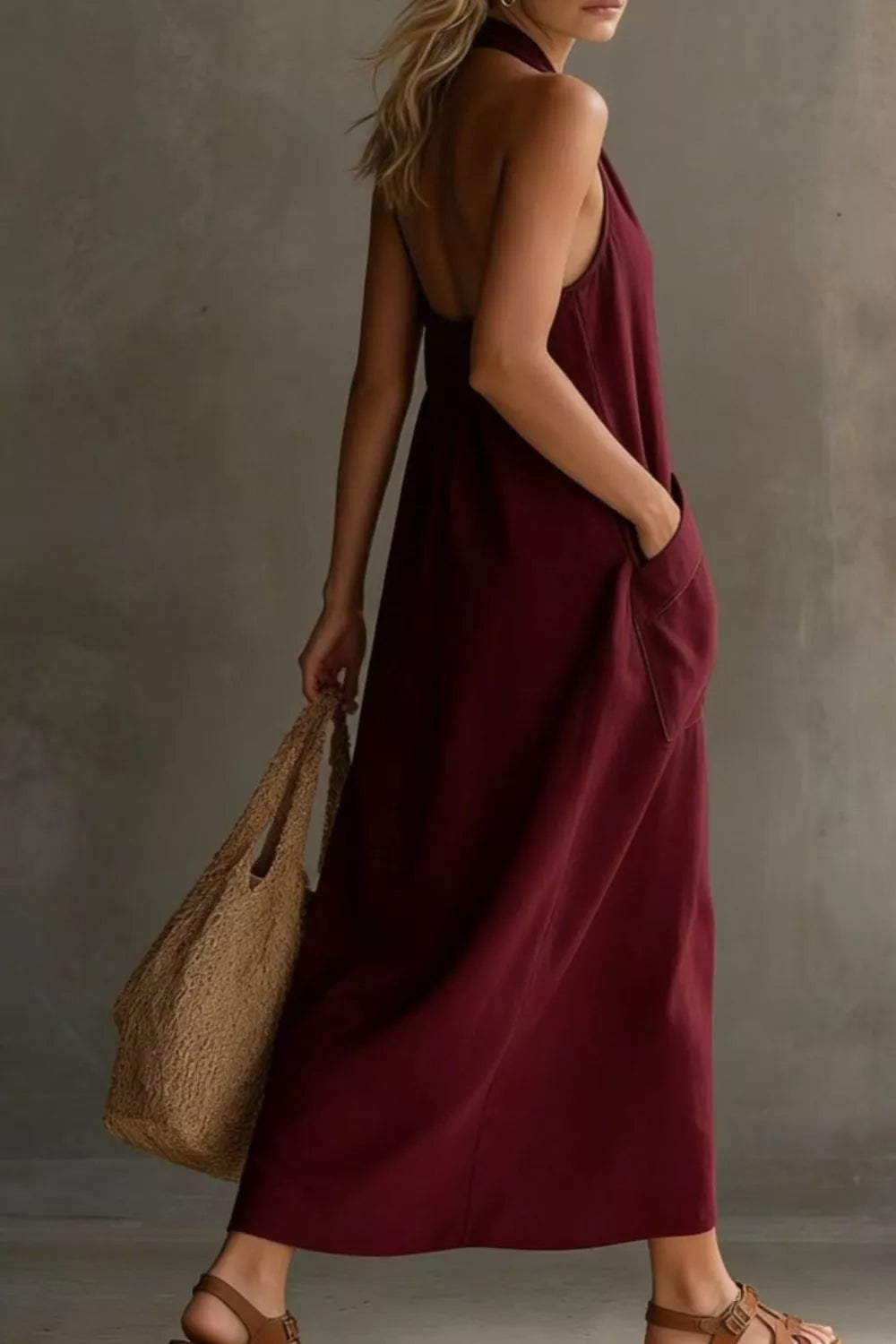 Relaxed halter neck midi dress with patch pockets