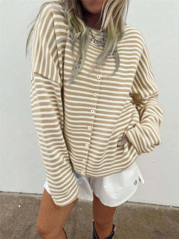 Khaki Striped lightweight knit button-front cardigan