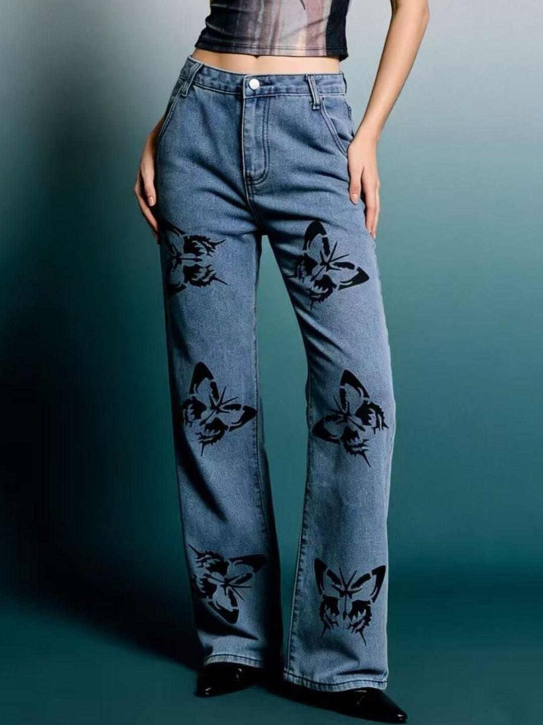 Butterfly print high-rise wide leg jeans