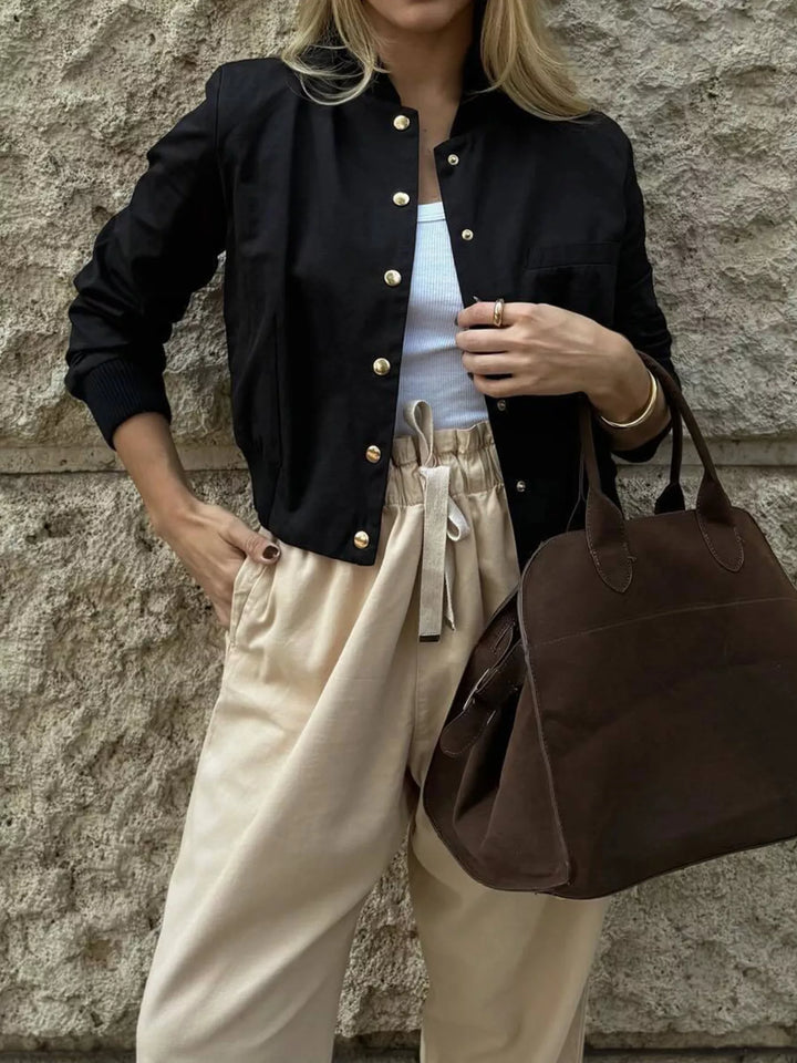 Black Cropped bomber jacket with gold snap button front