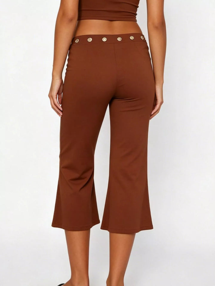 Mid-rise wide-leg capri pants with gold-button waistband
