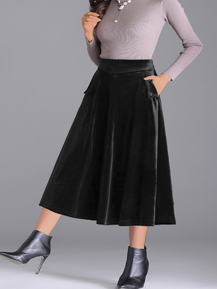 Plus size velvet A-line midi skirt with side pocket