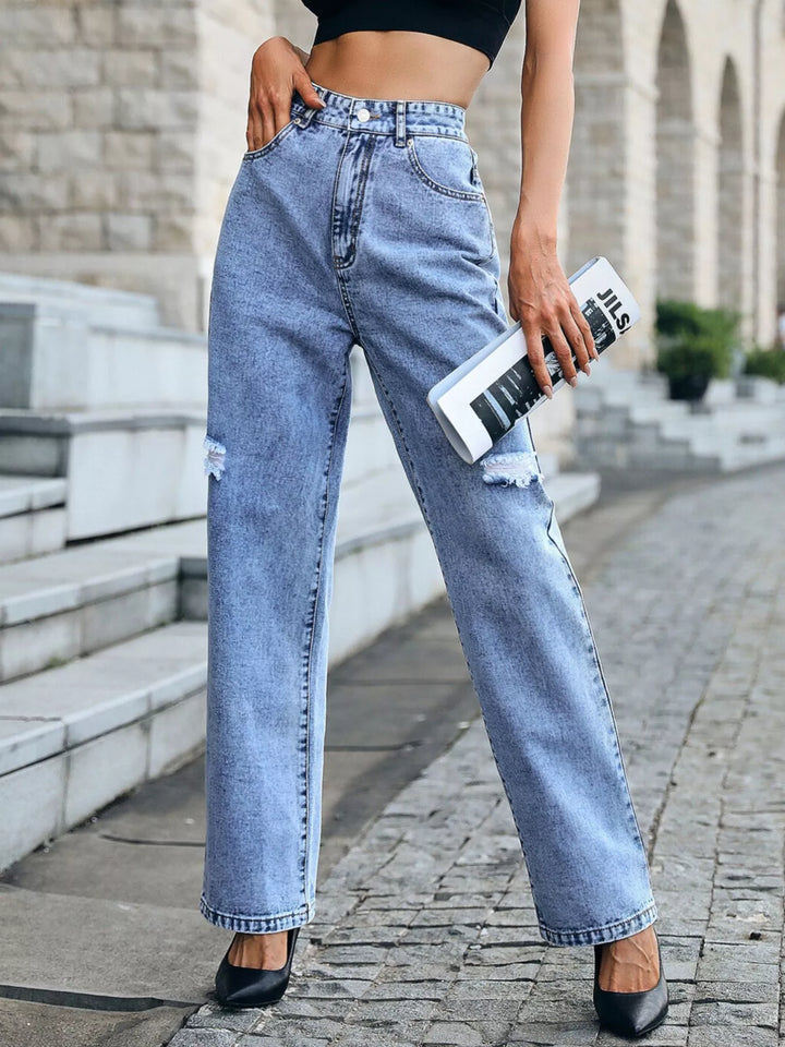 Blue Distressed high-rise straight-leg jeans with knee rips