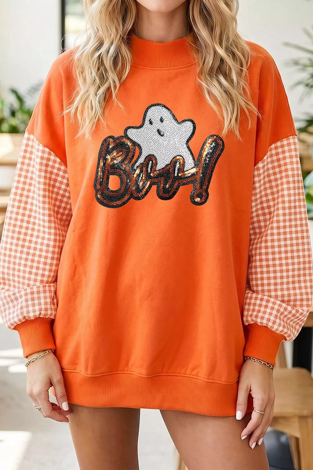 Sequin ghost graphic sweatshirt with gingham patchwork sleeves