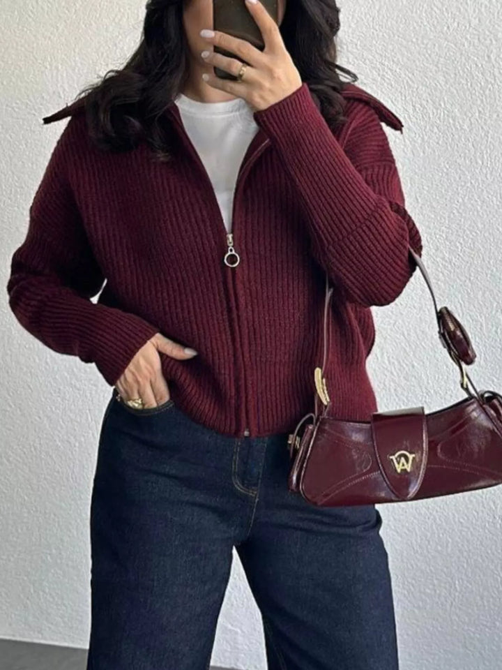 Burgundy Chunky two-way zip sweater jacket with foldover collar
