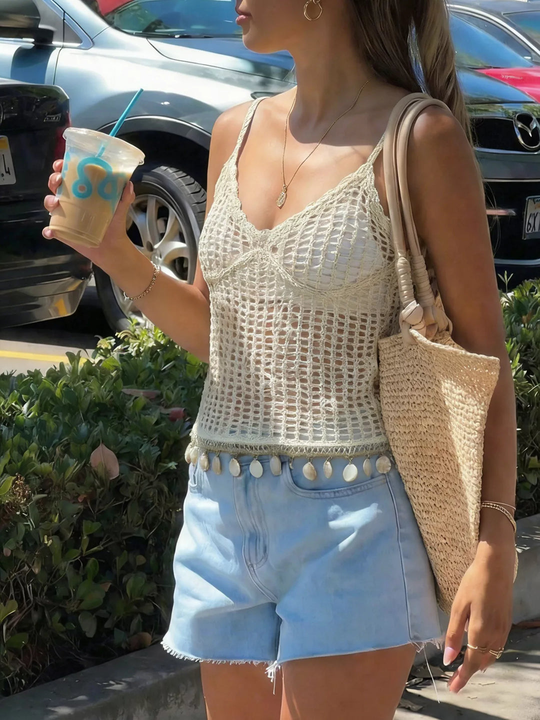 Openwork crochet cami with shell-trim hem