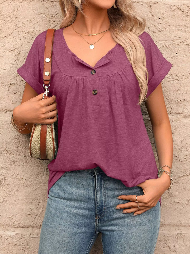Ruched button-placket henley top with cap sleeves