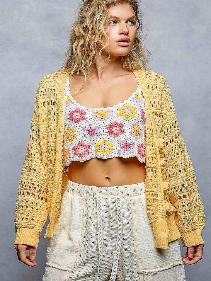 DANDELION Open-knit V-neck cardigan with 3D floral button closure