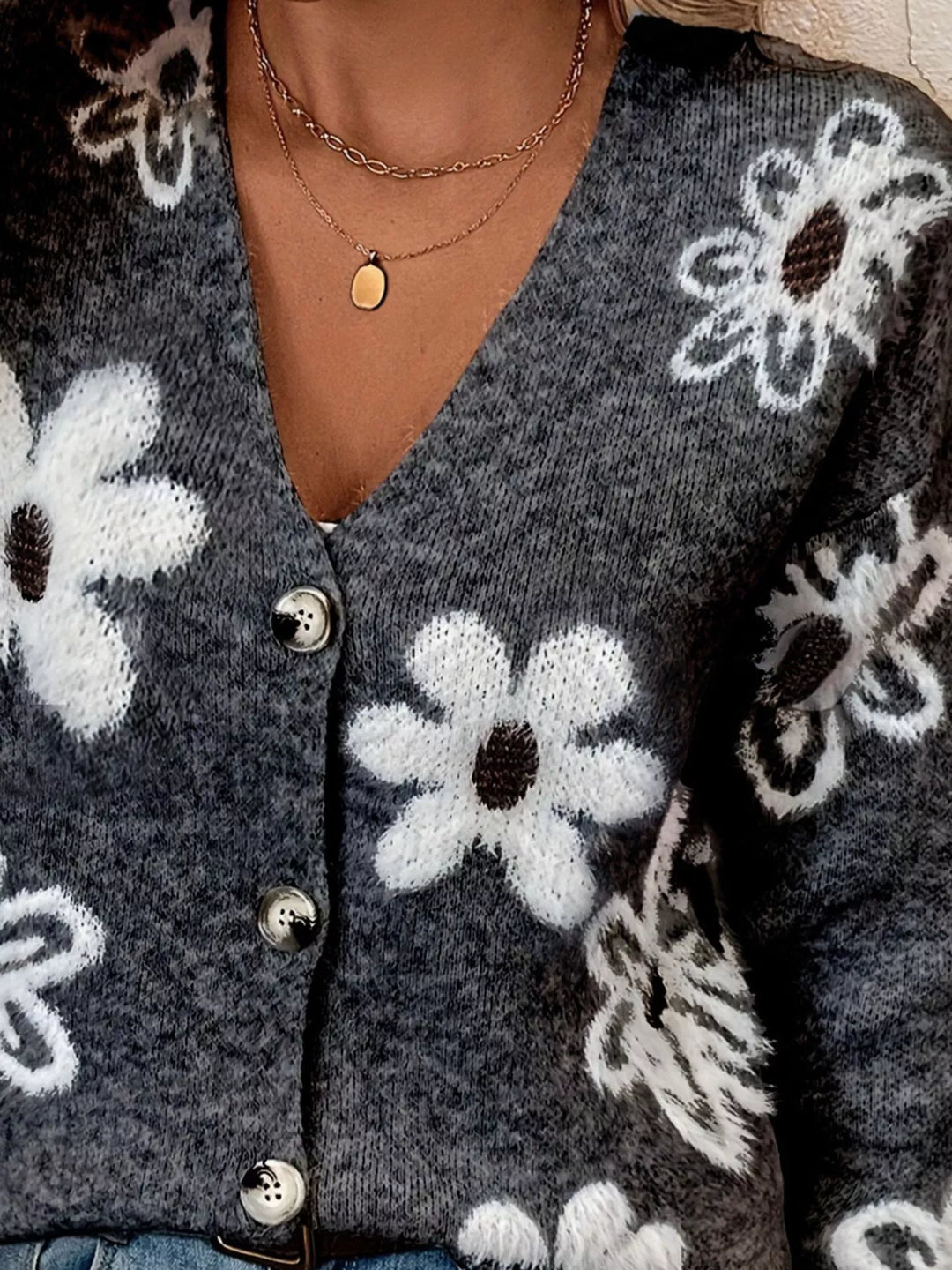 Fuzzy floral knit button-up V-neck cardigan