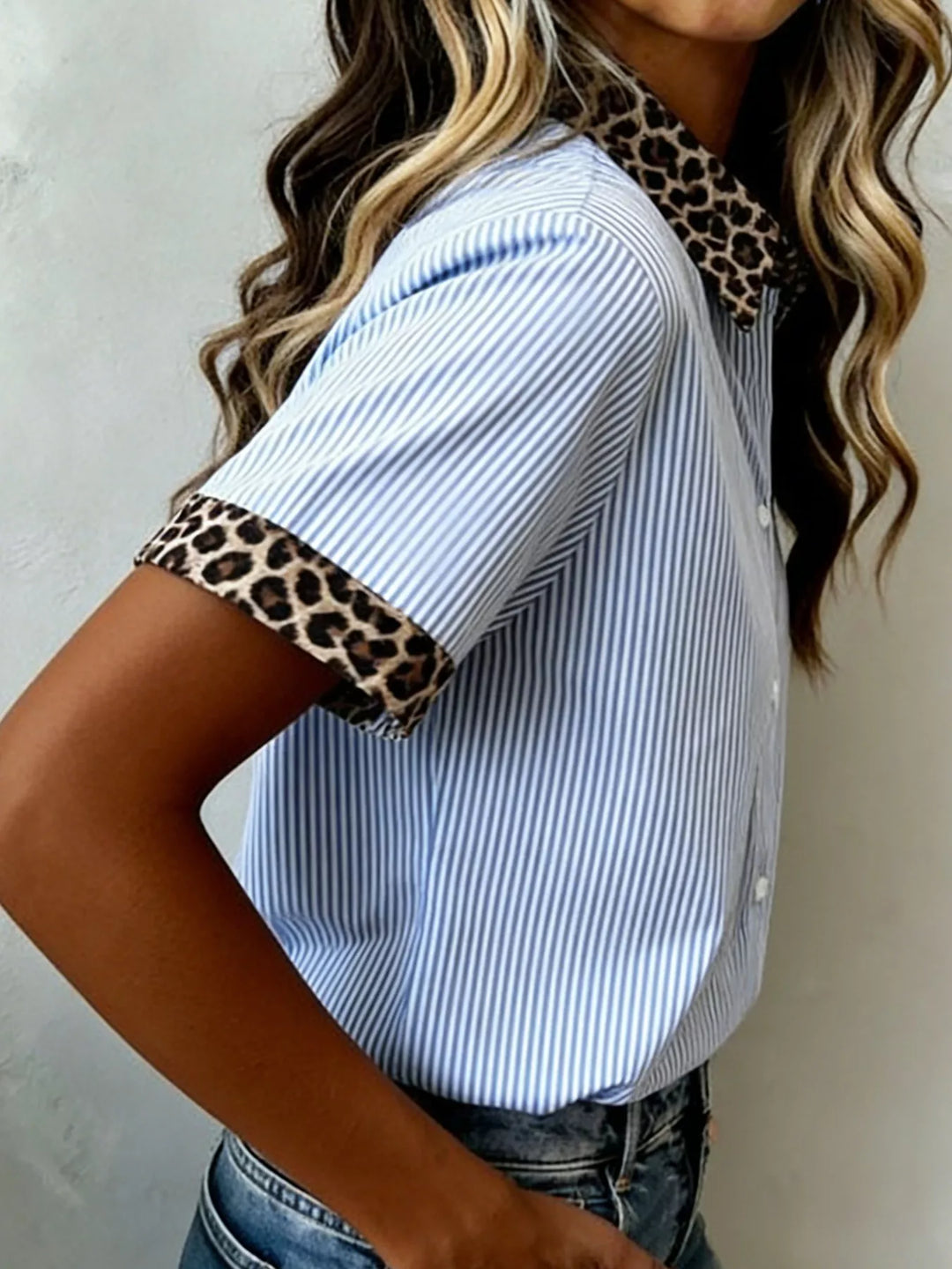 Striped short-sleeve button-down with leopard collar and cuffs