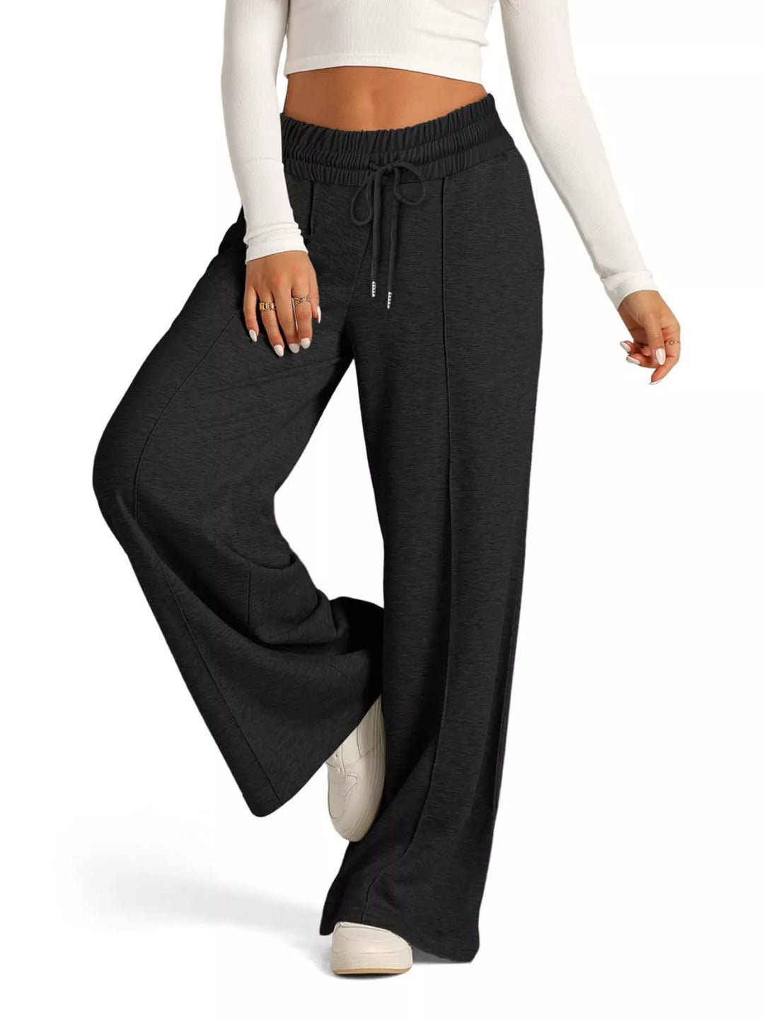 Black Wide-leg drawstring pants with elastic waist and pockets