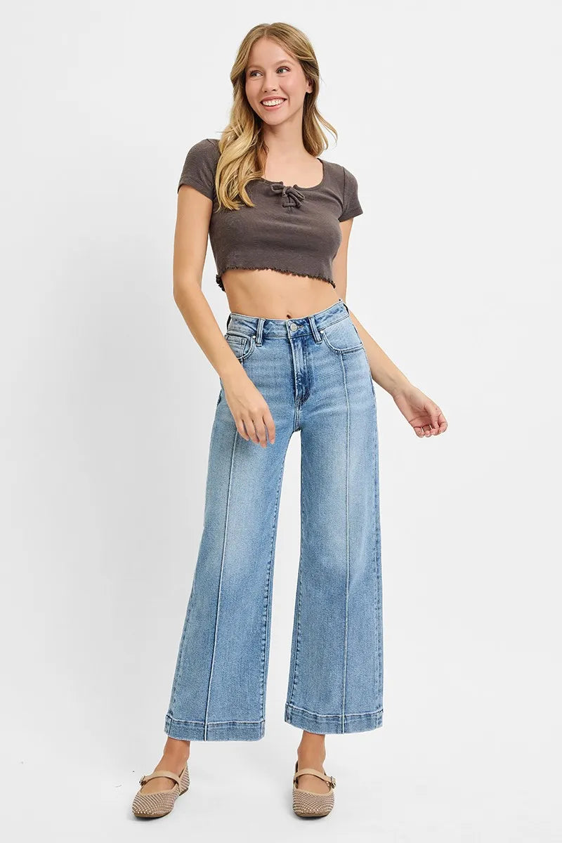 High-rise wide leg crop jeans with front seam detail