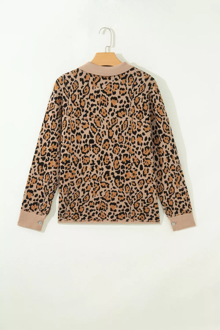 Leopard print collared button-front knit cardigan