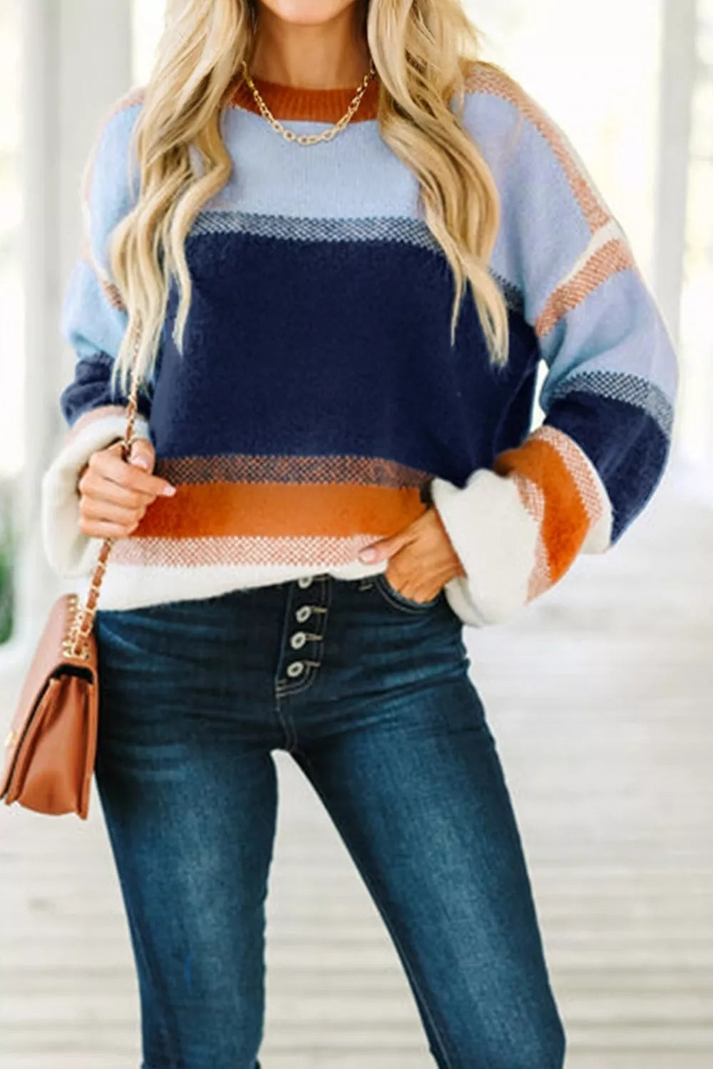 Color block stripe drop shoulder tunic sweater