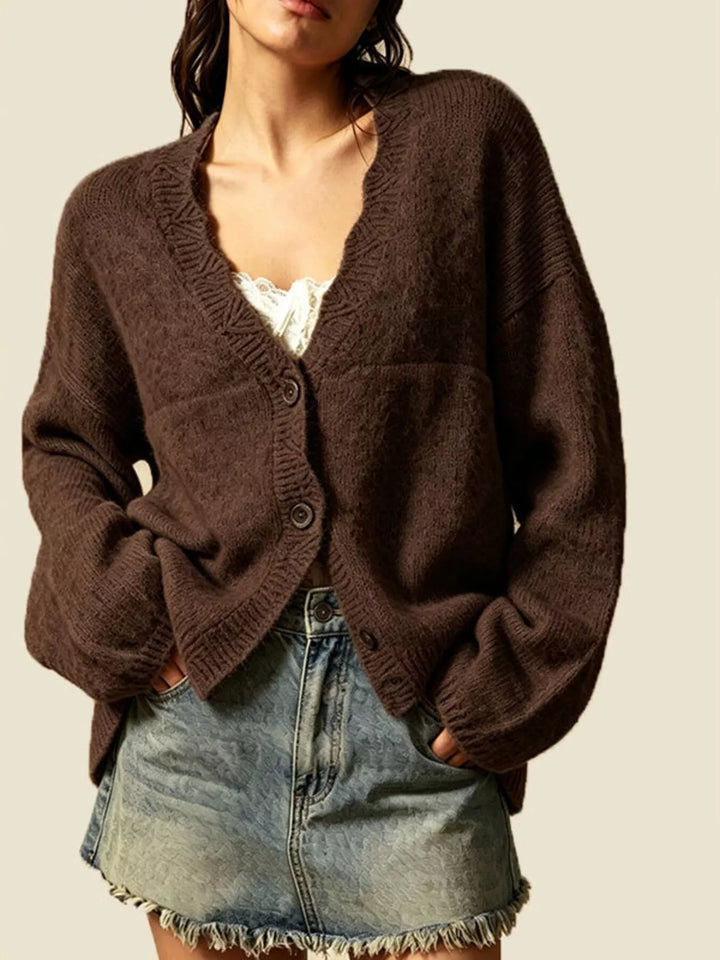 Oversized V-neck button-down knit cardigan with textured trim
