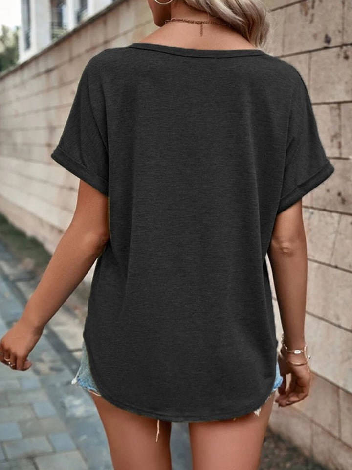 Decorative button-front notch neck short sleeve tee