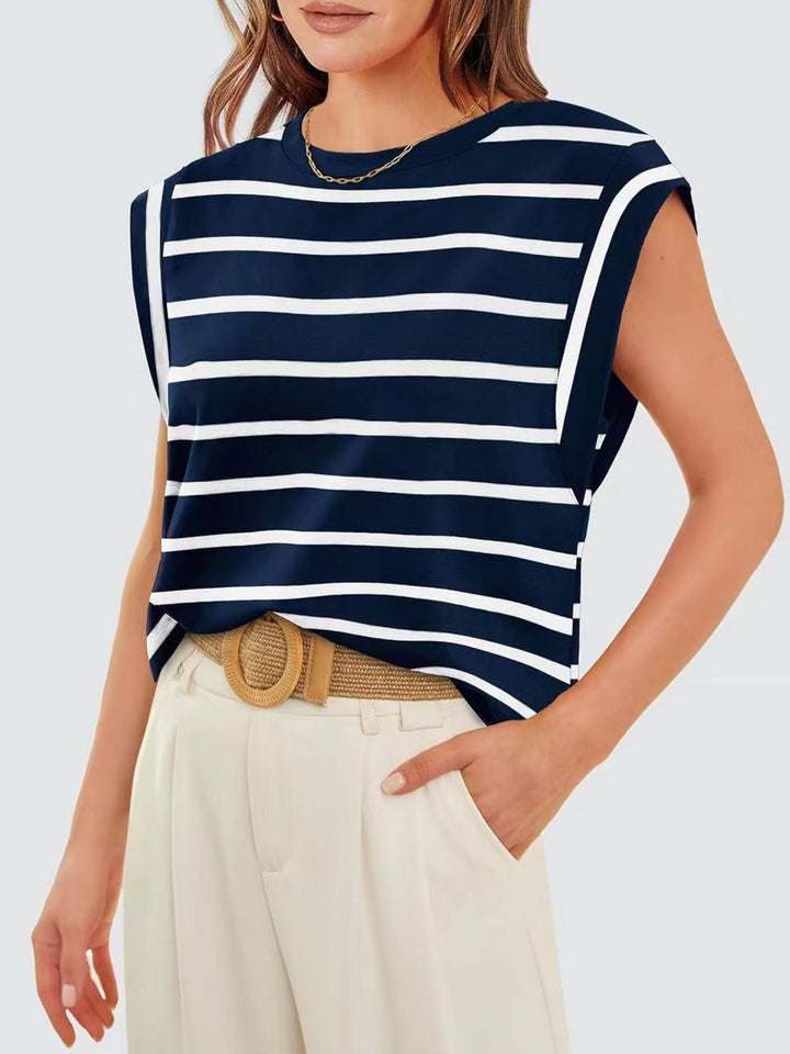 Striped cap-sleeve crew neck muscle tank top
