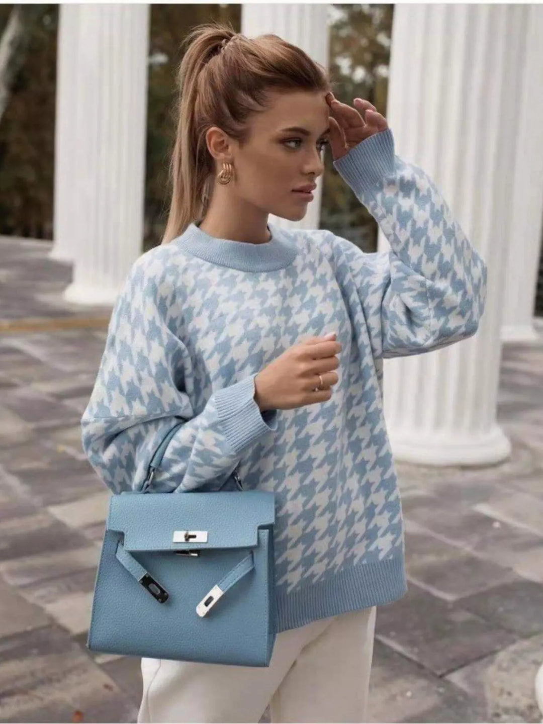 Blue Houndstooth oversized crewneck knit sweater