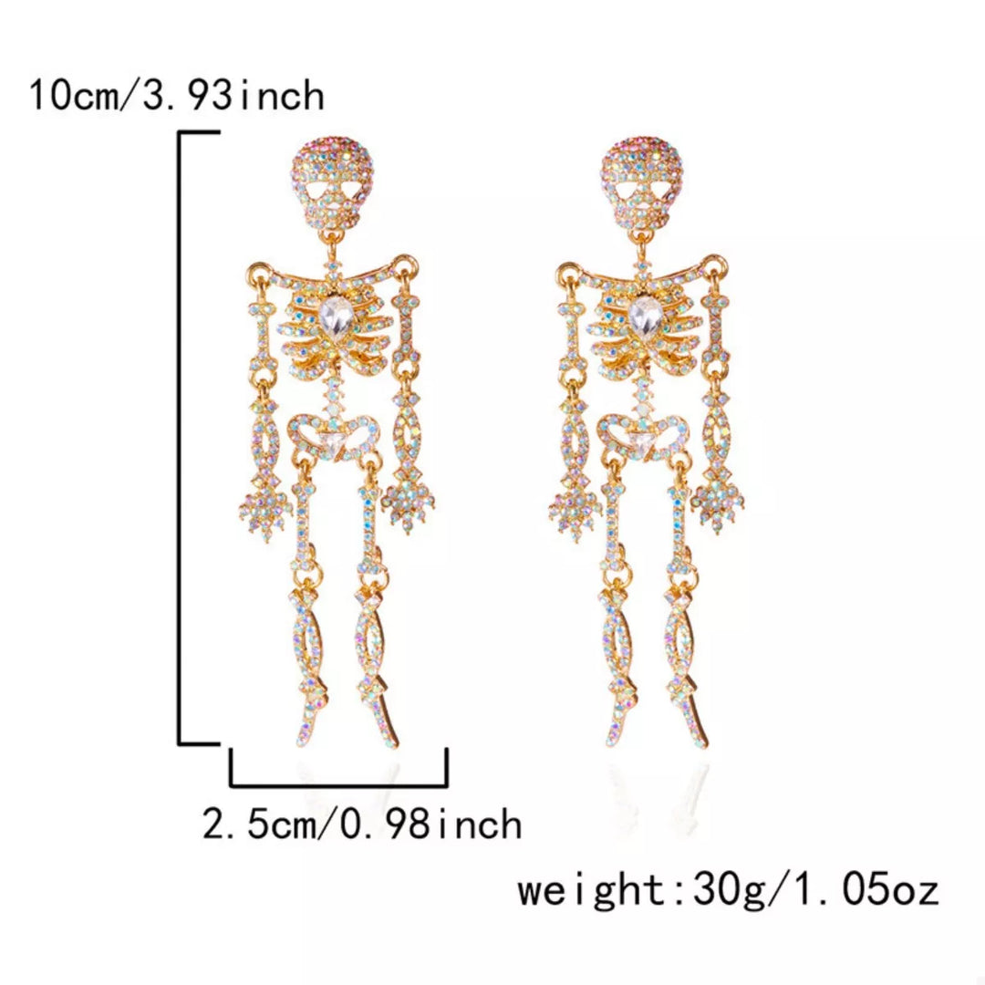 Articulated rhinestone skeleton drop earrings