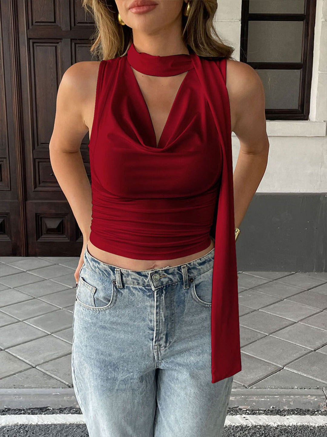 Ruched cowl neck cami with tie choker neckline