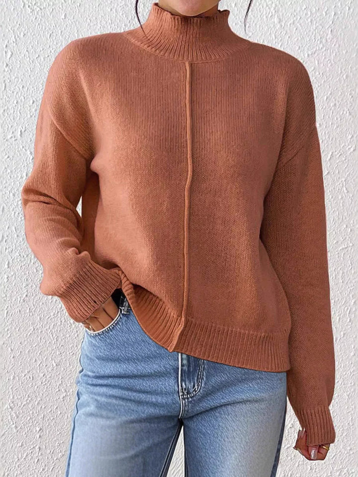 Caramel Center seam mock neck knit pullover sweater